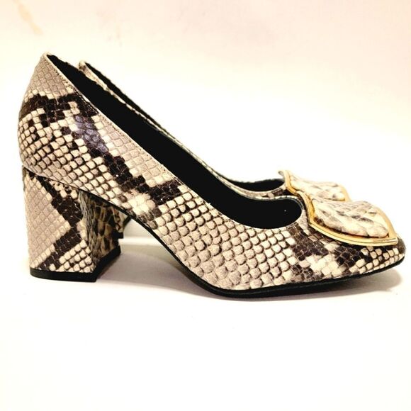 Pedro Anton Made in Spain Faux Snake Embossed Buckle Pumps Block Heel Shoes 36 - Picture 2 of 8